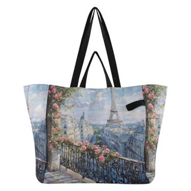 Imagem de SEHANY Sacola de compras reutilizável da Torre Eiffel de Paris com alças reforçadas, bolsa de compras de lona dobrável à prova d'água de grande capacidade para viagem, cozinha, praia