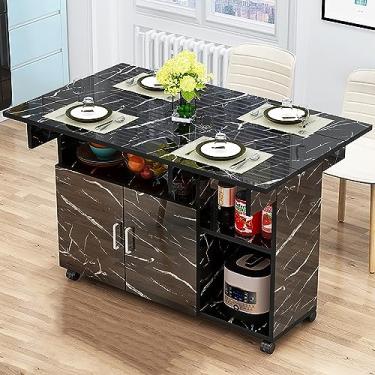 Imagem de ZXLPHA Mesa de jantar dobrável móvel com rodas e armário de armazenamento de 3 camadas, prateleira de armazenamento de 2 camadas, mesa retangular de madeira com folhas suspensas, extensível K