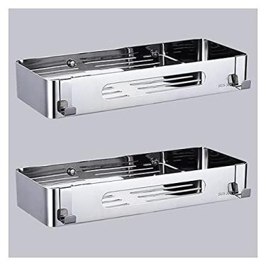 Imagem de Prateleiras de armazenamento de parede para banheiro, conjunto de 2 acessórios de banheiro, organizador de banheiro pendurado com 4 ganchos, prateleiras de aço inoxidável 304 polidas, montadas na