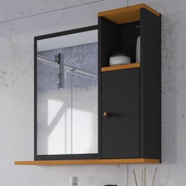 Imagem de Armário Aéreo de Banheiro Suspenso – Espelheira Beauty com Porta e Prateleira, Armazenamento Organizado para Higiene e Cosméticos Doméstico (PRETO/NATURE)