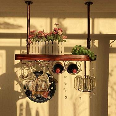 Imagem de U5GAAALPPQ9 Peaceip Wine Rack Mesa de bar de madeira maciça para pendurar suportes de bar europeus de cabeça para baixo casa europeia castanha cor retrô bronze (60 cm 80 cm 100 cm) (cor: cor retrô