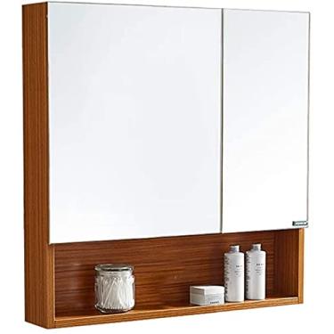 Imagem de Armário de remédios armário de parede de banheiro 59,9 cm x 29 x 5,3 banheiro com multicamadas armários de espelho de madeira maciça caixa de espelho à prova d'água montada na parede com espelho de