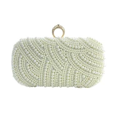 Imagem de NLAIOUSL Bolsa feminina para noite elegante bolsa transversal com corrente removível bolsa de mão elegante bolsa de ombro com pérolas para casamento, Bege