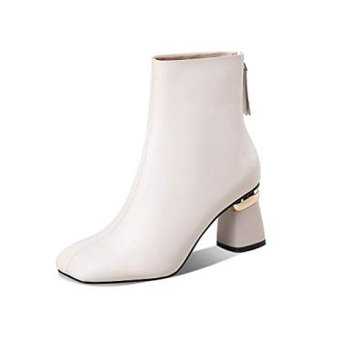 Imagem de TinaCus Botas femininas feitas à mão de couro legítimo salto grosso médio com zíper nas costas confortáveis até o tornozelo, Bege, 9