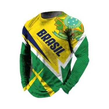 Imagem de Camiseta Masculina Retro Com Estampa 3D Da Bandeira Do Brasil, Manga L