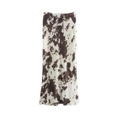 Imagem de Saia Midi Longa De Cetim De Cintura Alta Para Mulheres, Estampa Vintag