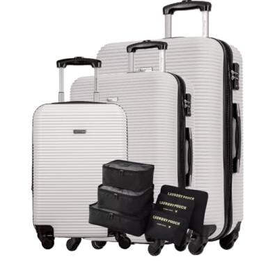 Imagem de Cj de Mala Bordo 10kg + Média 23kg em Polipropileno, Cadeado, Rodas 360° Silenciosas + Kit Organizador Necessaire p Meias Calcinhas e Sapatos (4 Travel Branco, Kit PMG)