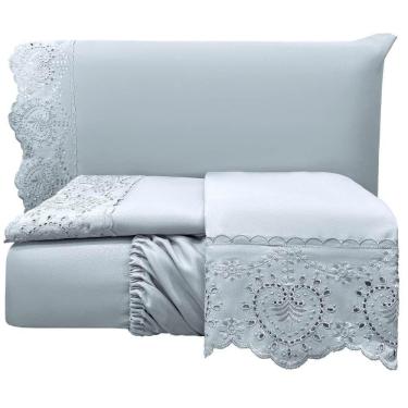 Imagem de Jogo De Lençol Queen Bordado Ingles 300 Fios Nupcias 4 Peças Cor Cinza