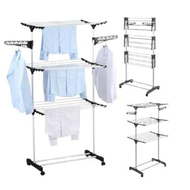 Imagem de VARAL DE CHAO 4 ANDARES CABIDEIRO DOBRAVEL RODINHAS PORTATIL ARARA SECADOR ESTENDAL ROUPAS SAPATOS ABAS MULTIUSO LAVANDERIA APARTAMENTO