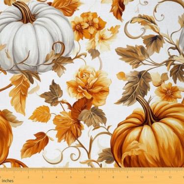 Imagem de Tecido de abóbora da The Yard Aquarela Laranja Plantas de Abóbora para Amantes de Costura Outono País Estilo Rústico Tecido para Decoração de Quarto e Estofamento DIY 1 jarda, 91,4 cm C x 149,9 cm L
