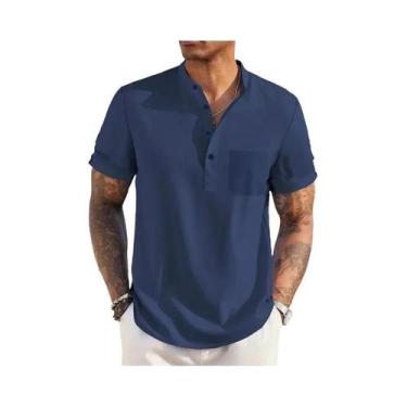 Imagem de Camiseta Masculina De Verão Em Algodão E Linho Com Gola Henley, Leve, 