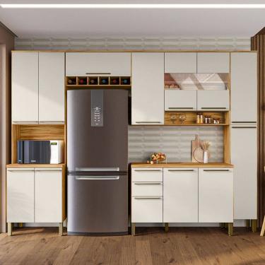 Imagem de Armário de Cozinha com Balcão e Tampo 13 Portas 2 Gavetas Xangai Plus 100% Mdf Vidro Reflecta Amêndoa/Off White - Pnr Móveis