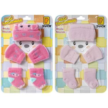 Imagem de Kit 2 Conjuntos Touca Luva e Meia Bebê Recém-Nascido Enxoval Menina - 