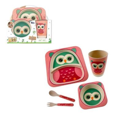 Imagem de Kit Refeição Criança Bebê C/ Prato Tigela Copo Coruja Rosa - Unik Toys