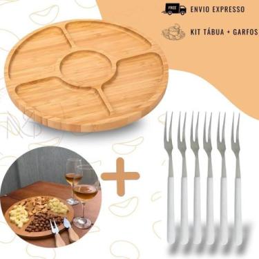 Imagem de Kit Petisqueira Redonda + 6 Garfos Para Frios e Queijos Gamela MDF Tam