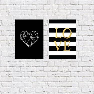 Imagem de Kit 2 Placas Love Coração Geométrico Preto 18x27cm