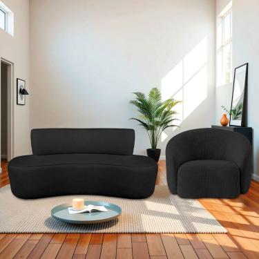 Imagem de Kit Sofá Conjunto Amsterdã Amore 2 Lugares 160cm Preto em Linho com Recamier Curvo e Po...