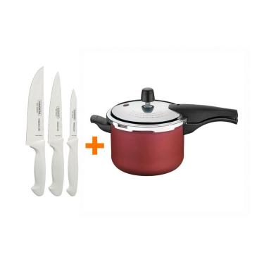 Imagem de Kit Faqueiro Premium 3 Peças com Jogo de Facas Inox Cabo Branco e Panela de Pressão 4,5L Antiaderente Vancouver Vermelho