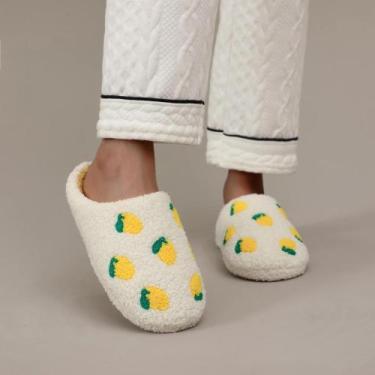 Imagem de Pantufas De Pelúcia Amarelas Com Bordado De Limão, Macias E Antiderrap