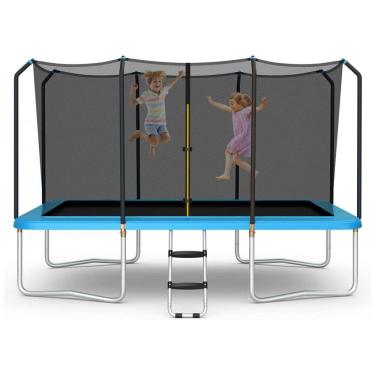 Imagem de Trampolim GYMAX para crianças, trampolim retangular de 14 pés aprovado pela ASTM com escada antiderrapante de rede de gabinete