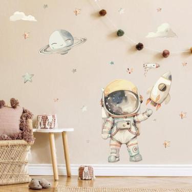 Imagem de Adesivo de Parede Astronauta Aquarela Foguete Estrelas Boho Tons Terro