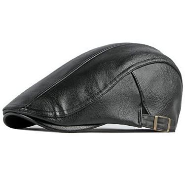 Imagem de Boina de Algodão Masculino Feminino Casual Couro Genuíno Estilo Britânico Moda Primavera Verão Chapéu Ajustável (Preto)