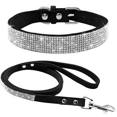 Imagem de Haoyueer Lindo deslumbrante cintilante elegante extravagante couro camurça macio bling strass cristal jóias pet gato cachorro coleira cão conjunto de coleira para cachorro (preto, P)