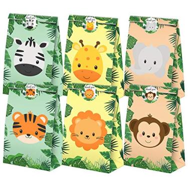 Imagem de Sacos de doces Safari Goodie - 24 peças de lembrancinhas de festa na selva com adesivos, sacos de doces com tema de safári, artigos para festa de aniversário