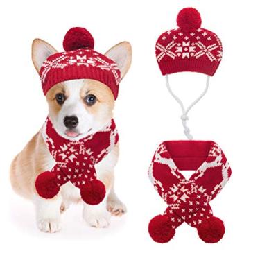 Imagem de Mihachi fantasia de cachorro de Natal, conjunto de chapéu, cachecol, estampa de rena, flocos de neve, 2 peças, roupas quentes de inverno para cães pequenos, gatos, vermelho, branco, pequeno