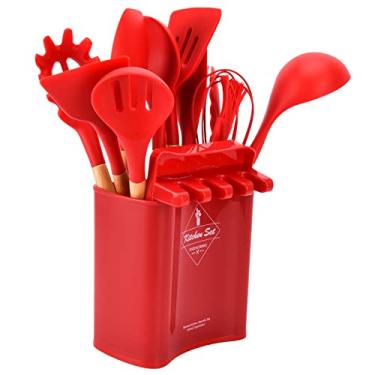 Imagem de Utensílios de cozinha, conjunto de utensílios de cozinha de silicone leve vermelho resistente a arranhões com alça de madeira para cozinha para casa para restaurante