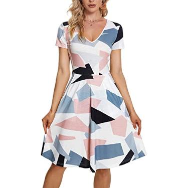 Imagem de LAZHKG Vestido feminino, estilo boho, roupas femininas, manga curta, gola V, bolso estampado, vestido rodado para mulheres, trabalho, lazer, casa, viagem, praia, Quadrados coloridos, M