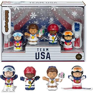 Imagem de Conjunto de esportes de inverno Little People Collector Team dos EUA, 4 bonecos de atleta em embalagem de presente para fãs de 1 a 101 anos