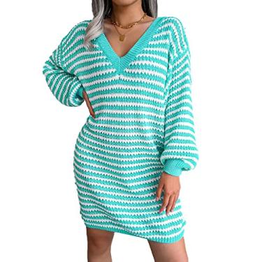 Imagem de Vestido feminino outono inverno gola V lanterna manga longa suéter pulôver listrado oco solto casual vestidos de malha, verde, M
