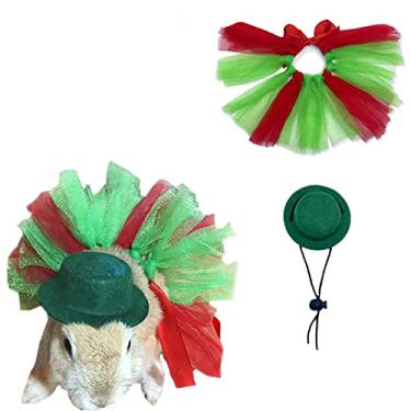 Imagem de 2 peças de vestido e chapéu de Natal de animal pequeno conjunto de saia de porco Guniea roupa de coelho fofo traje tutu colorido para hamster furão rato chinchila (verde)