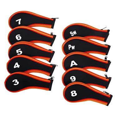 Imagem de simhoa Capa de cabeça de golfe neoprene de 10 peças, capa de golfe Protetor de cabeça de golfe Pegajosa etiqueta número tag Putter, Laranja e preto
