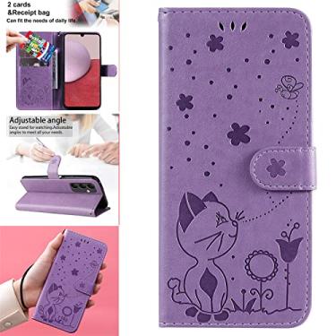 Imagem de Capas de telefone em relevo gato abelha para Samsung Galaxy A14 5G Capa de couro com compartimentos para cartão de visita de luxo capa à prova de choque Samsung A14 5G Shell para telefone (roxo, Samsung A14 5G)