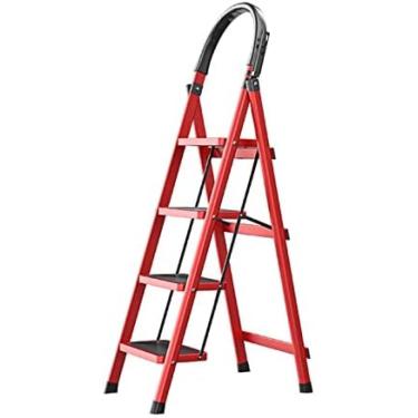 Imagem de Escada Doméstica Vermelha De 4 Degraus Dobrável Multifuncional Telescópica Espessamento Interno Escada Espinha De Peixe Pequena Portátil De Suporte De Carga 150 Kg,Hilarious123