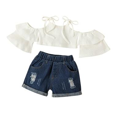 Imagem de Camiseta infantil Must Haves Girl Kids Baby Girls Strap Off Shoulder canelada short jeans (branco, 12-18 meses)