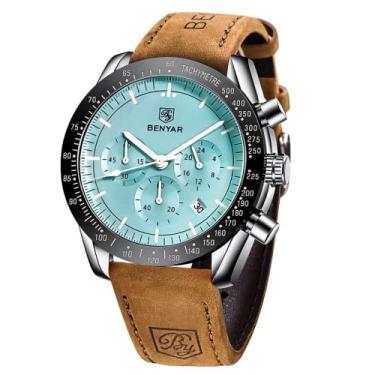 Imagem de BY BENYAR Relógios masculinos analógicos de quartzo, cronógrafo, à prova d'água, para negócios, casual, moda, clássico, designer elegante, relógio social com calendário, couro/pulseira de aço