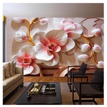 Imagem de TUYIFA Flores de orquídea em relevo papel de parede 3D papel de parede sala de estar quarto TV sofá fundo mural de parede (169''x118'' (430x300cm), pano de seda)
