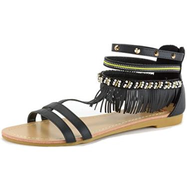 Imagem de Alpine Swiss Sandálias gladiadoras planas com franjas e miçangas femininas, Preto, 5