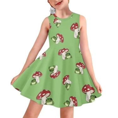 Imagem de Sprowallow Vestido feminino sem mangas de verão com gola redonda estampado para crianças regata vestidos florais na moda, Cogumelo sapo, 3-4 Anos