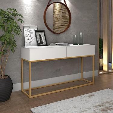 Imagem de Aparador Buffet Com 2 Gavetas Hall de Entrada Com Pés de Ferro Dourado Industrial Ideal Para Cantinho do Café (Branco)