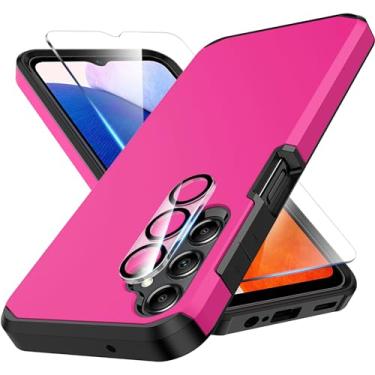 Imagem de Huness Capa 3 em 1 para Galaxy A14 5G com protetor de tela de vidro temperado + protetor de lente de câmera, capa para Samsung Galaxy A14 5G, armadura durável de silicone para Samsung Galaxy A14 5G capa de telefone rosa
