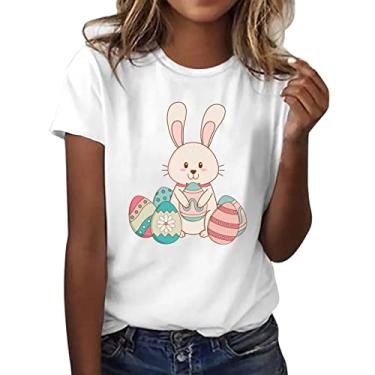 Imagem de PKDong Camiseta feminina Happy Easter Day, casual, estampa de coelhinho da Páscoa, solta, gola redonda, manga curta, camisetas fofas, Branco, P