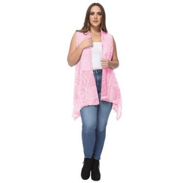 Imagem de Anna-Kaci Colete cardigã feminino plus size boêmio drapeado frente aberta de crochê, rosa, XX-Large-3X-Large