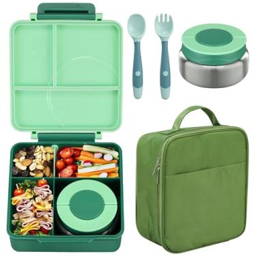 Imagem de Conjunto infantil de lancheira bentô box e pote térmico de sopa com 236 ml, recipiente à prova de vazamento, com 4 compartimentos, pote térmico para comida quente, para escola – verde