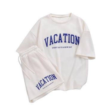 Imagem de Verdusa Conjunto de 2 peças de agasalho feminino com estampa de letras, camiseta de férias e shorts com cordão na cintura, Branco, 10Y