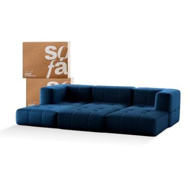 Imagem de Sofá 3 lugares Modular com 3 Apoios (Puff) - Sofá na Caixa em Boucle com 6 Módulos 2,58m (Azul)