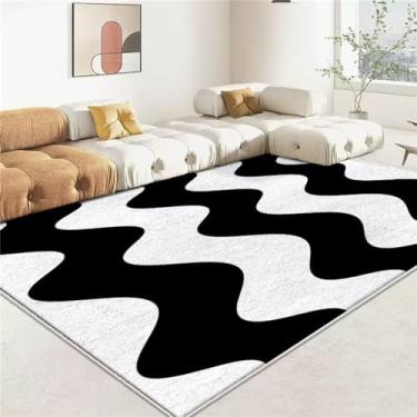 Imagem de Tapete de sala de estar preto e branco minimalista listrado decoração de casa quarto mesa de centro tapete macio antiderrapante, flanela 3,160x200cm 63x78,7 pol.